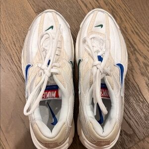 Nike White Mesh Sneakers with Blue Swoosh and Green Accents